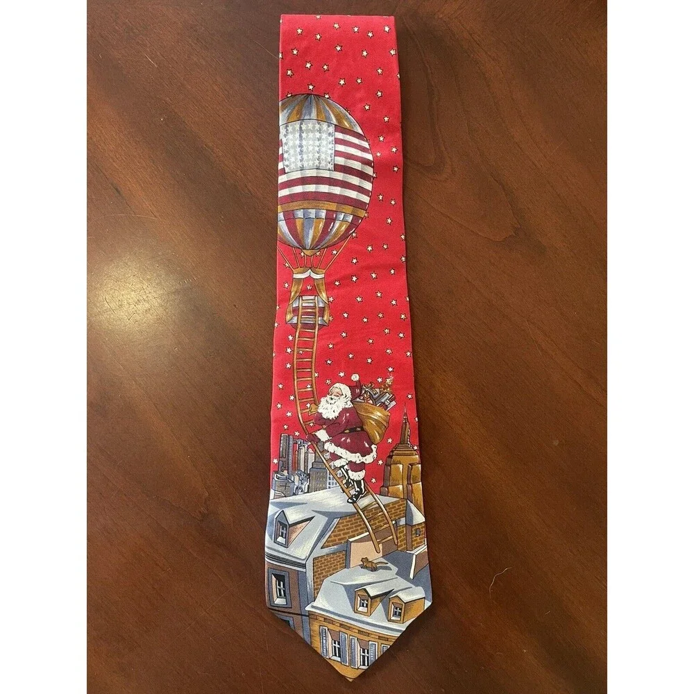 VTG Christmas Necktie Men’s Red Stafford Santa Hot Air Balloon